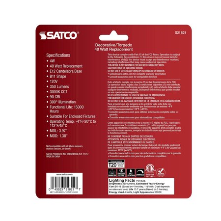 Satco 4-Watt B11 LED - Clear - Candelabra Base - 3000K - 350 Lumens - 120 Volts, 2PK S21821